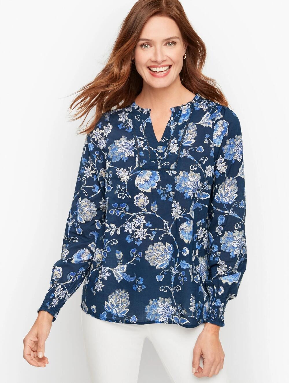 New Talbots Smocked Shoulder Top Blue Floral Ruffle Pullover Long Sleeve Sz 2X